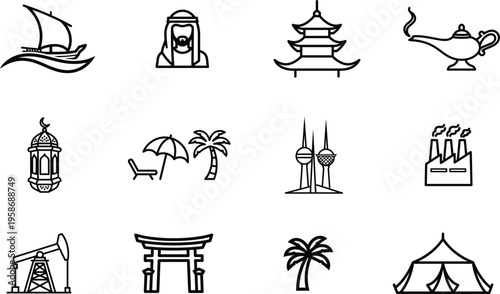 line style icons of travel and landmarks from around the world in black