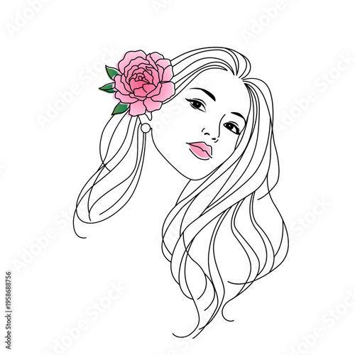Minimalistic modern silhouette of a beautiful young woman's face with long hair. Poster for advertising organic cosmetics or a beauty salon, eyelash extensions, or beauty injections. Flat vector