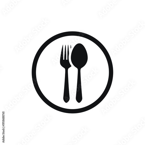 Black fork and spoon icon in a circular frame, representing dining, food service, restaurant, or cafeteria. Simple utensil symbol.