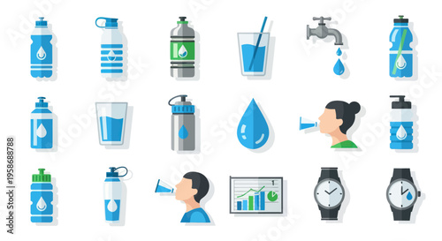 Healthy Hydration Icons: Water Bottles, Glasses, Faucet, Person Drinking, Watch, Chart