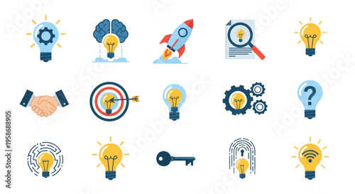 Innovation Icons Set: Lightbulb, Brain, Rocket, Target, Key, Fingerprint, Gears, Question Mark