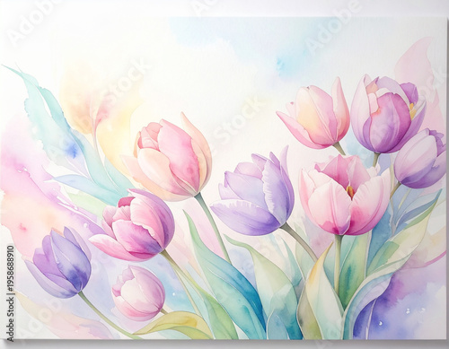 Beautiful watercolor painting of a variety of pink and purple tulips in soft pastel colors, perfect for spring or Easter
