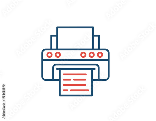 Blue and red outline icon of a printer device dispensing a document page