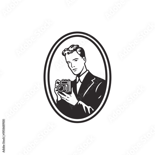 Classic black and white illustration of a dapper man in a suit holding a vintage camera, framed in an oval, depicting retro photography.