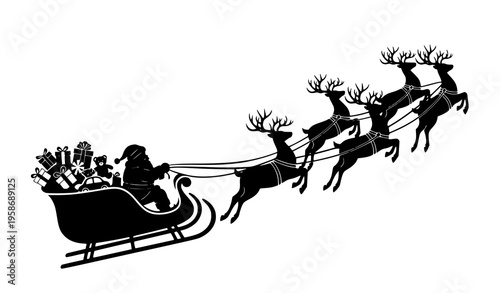 High-contrast Santa Claus sleigh vector silhouette with reindeer festive Christmas design isolated on white