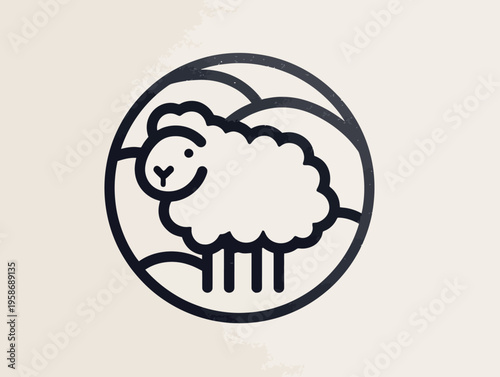 Minimalist black outline illustration of a cute sheep or lamb in a pastoral circular frame, simple animal farm icon design