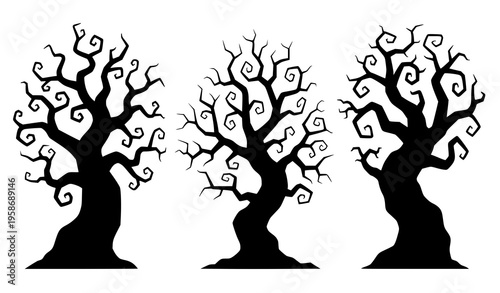 Scary Halloween tree silhouette collection black horror woodland vector illustration