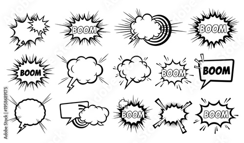 Comic explosion burst silhouette vector set retro pop art speech bubble elements isolated on white