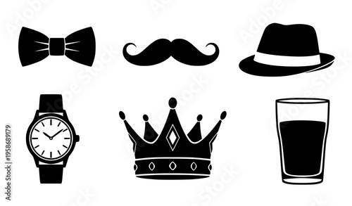 Father’s Day silhouette icon set with mustache bow tie and gentleman accessories vector isolated design
