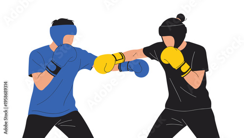 Two athletes engaged in a boxing match wearing protective headgear and gloves in a dynamic blue and black sports outfit.