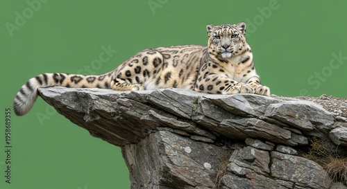 Majestic Snow Leopard Resting on Rocky Cliff with Green Background