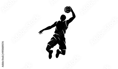 Male basketball slam dunk vector illustration dynamic silhouette sports design isolated on white