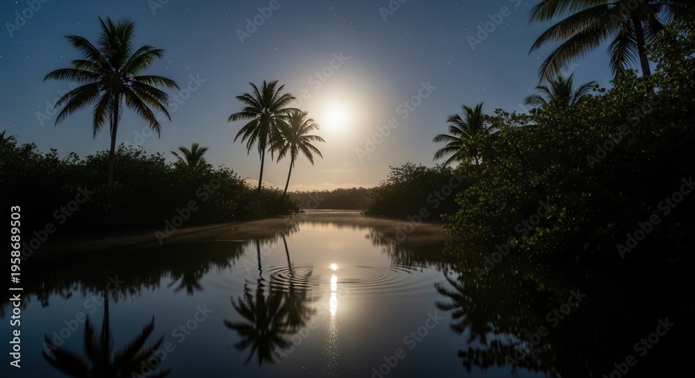 Obraz premium Serene Tropical Sunset Reflection Over Calm River with Palm Trees