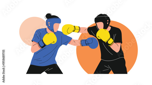 Dynamic illustration of two boxers sparring against a background of large colorful circles representing energy and motion in sports.