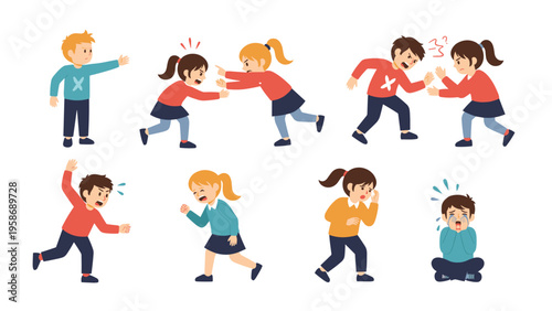 Illustration of children in various emotional states including arguing, fighting, yelling, and a little boy sitting alone while crying.