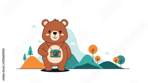 Cute brown bear character wearing a camera around its neck standing in front of a scenic landscape of mountains and trees.
