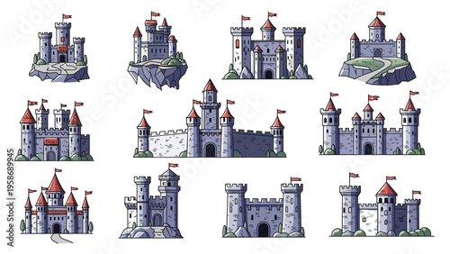 Collection of twelve diverse medieval castle illustrations with stone walls, high towers, flags, and surrounding fortifications.