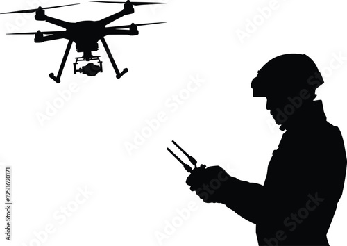Drone operator silhouette, professional pilot with remote control, tactical UAV technology, surveillance drone illustration, aerial inspection, security monitoring, vector art
