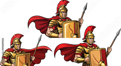 Roman centurion soldier mascot set, ancient greek spartan warrior with spear and shield, golden gladiator armor vector illustration