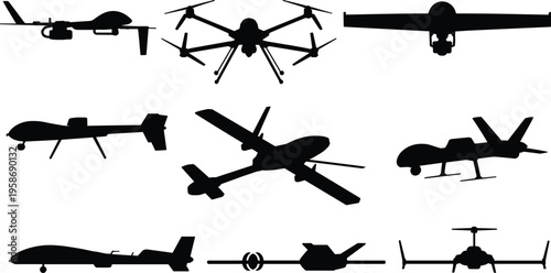 Drone silhouette collection, UAV vector illustration, fixed-wing drone design, quadcopter silhouette, surveillance drone art, military drone vector, aerial technology