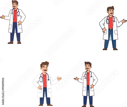 Male doctor character set wearing white lab coat and stethoscope presenting medical healthcare services