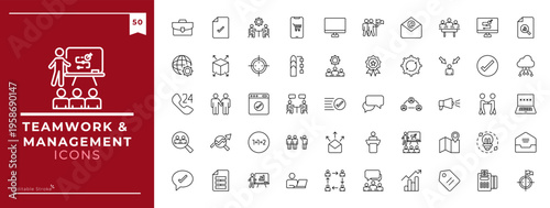 Teamwork And Management, Outline icons collection. Simple vector illustration