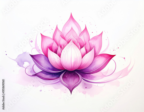 Watercolor lotus flower illustration in vibrant pink and purple hues, symbolizing purity, beauty, and serene spiritual growth. Artistic floral design