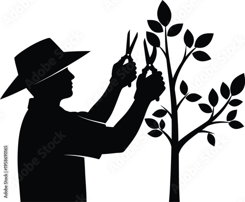 A silhouetted gardener meticulously trims a small tree with pruning shears wearing a wide brimmed hat