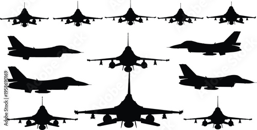 F16 fighter jet silhouettes, aviation design, military aircraft, air force planes, jet profiles, combat aviation, warplane illustration, defense concept, stock image