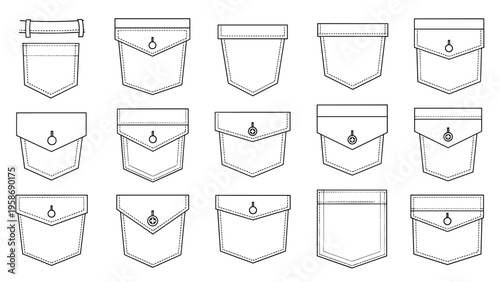 Detailed technical drawings showing fifteen distinct styles of garment pockets with various flaps, buttons, and stitching details.