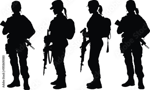 Female soldier silhouettes, military women with rifles, tactical gear, army combat poses, defense, security forces, war preparation, battlefield readiness