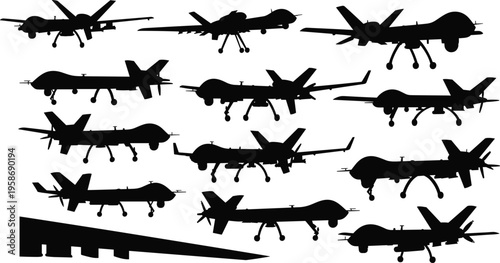 Drone silhouettes collection, unmanned aerial vehicles, UAV designs, stealth aircraft, flying wing, surveillance technology, military drones, aviation innovation, aerial comparison, identification