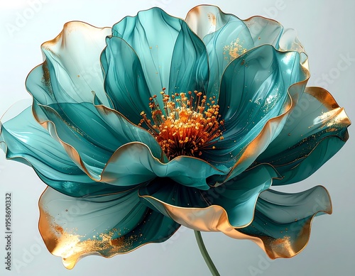 Translucent turquoise flower with gold trim and orange center, against a soft light background