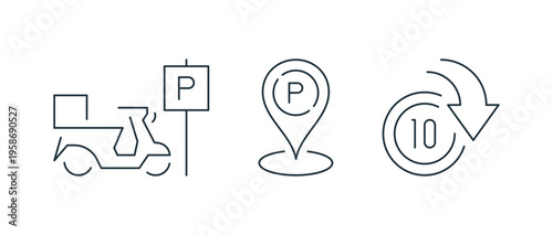 Parking and transportation icons pack showing various car park, navigation and urban direction symbols for travel, road and city infrastructure isolated on background flat vector illustration.