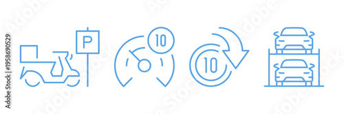 Parking and transportation icons pack showing various car park, navigation and urban direction symbols for travel, road and city infrastructure isolated on background flat vector illustration.