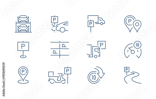 Parking and transportation icons pack showing various car park, navigation and urban direction symbols for travel, road and city infrastructure isolated on background flat vector illustration.