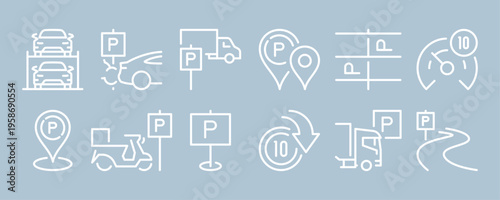 Parking and transportation icons pack showing various car park, navigation and urban direction symbols for travel, road and city infrastructure isolated on background flat vector illustration.