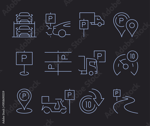 Parking and transportation icons pack showing various car park, navigation and urban direction symbols for travel, road and city infrastructure isolated on background flat vector illustration.