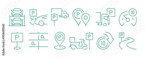 Parking and transportation icons pack showing various car park, navigation and urban direction symbols for travel, road and city infrastructure isolated on background flat vector illustration.
