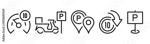 Parking and transportation icons pack showing various car park, navigation and urban direction symbols for travel, road and city infrastructure isolated on background flat vector illustration.