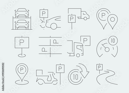 Parking and transportation icons pack showing various car park, navigation and urban direction symbols for travel, road and city infrastructure isolated on background flat vector illustration.