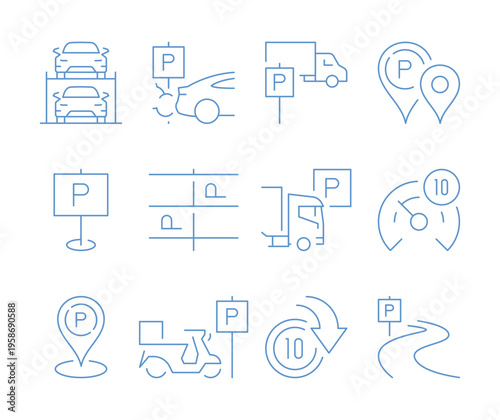 Parking and transportation icons pack showing various car park, navigation and urban direction symbols for travel, road and city infrastructure isolated on background flat vector illustration.