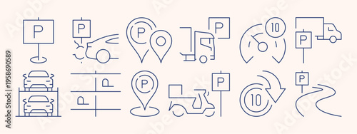Parking and transportation icons pack showing various car park, navigation and urban direction symbols for travel, road and city infrastructure isolated on background flat vector illustration.