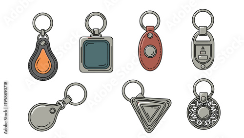Set of seven diverse keychain designs including leather fobs, metal plates, and decorative ornaments for keys or bags.