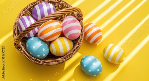 Easter Eggs in Wicker Basket. Colorful Easter eggs in a wicker basket on a bright yellow background with sunlight rays