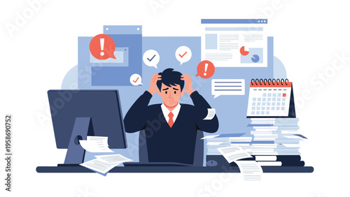 Overwhelmed businessman at his office desk surrounded by stacks of paperwork, computer, and multiple notification bubbles.