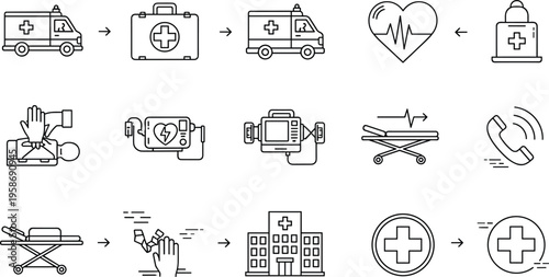 Emergency Medical Services (EMS) and First Responder Icon Set featuring Ambulances, AED Defibrillators, CPR Procedures, and Urgent Care SymbolsPrint