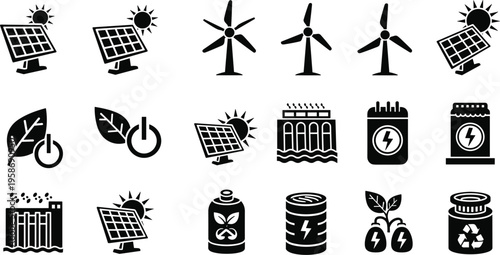 Renewable Energy and Sustainable Technology Icon Set featuring Solar Panels, Wind Turbines, Hydroelectric Power, and Eco-Friendly Energy Storagerenewable