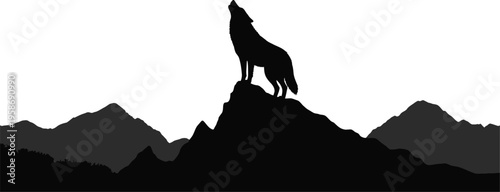 A striking silhouette of a howling wolf stands atop a rocky peak against a mountainous backdrop
