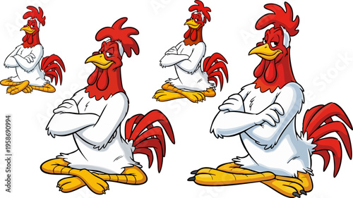 Cartoon rooster character set, funny white chicken mascot with red comb, tough farm bird illustration in various sizes, poultry vector graphics